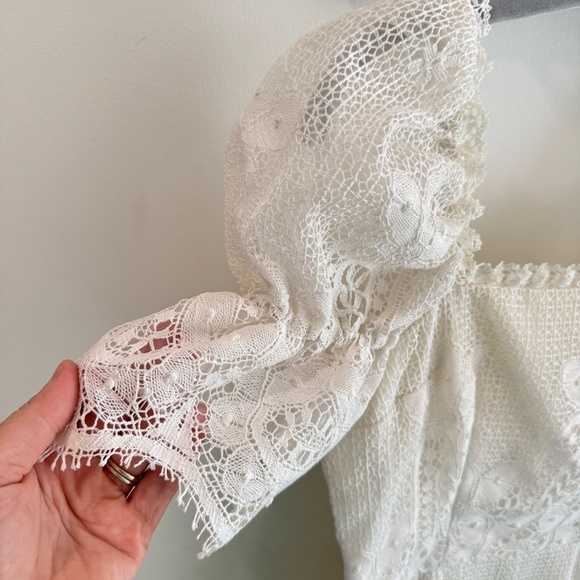 Vintage Bohemian Handmade Crochet Lace Puff Sleeve Wedding Dress XS - Picture 4 of 10